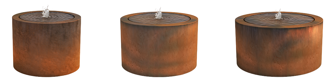 Deze ronde waterelementen  in cortenstaal hebben een minimum diameter van 1 meter.